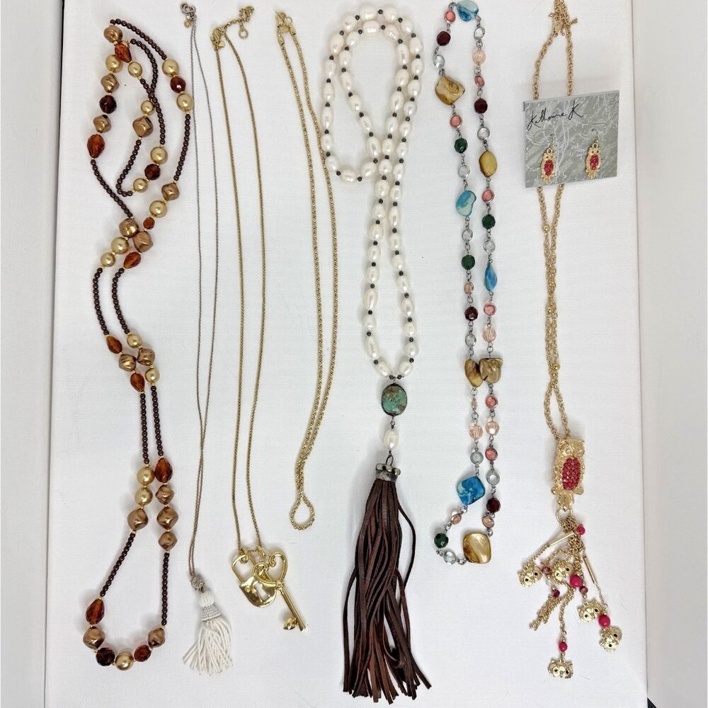 Set Long Necklaces Owl Earrings Pearls, Beads, Leather Tassel, Park Lane Lot